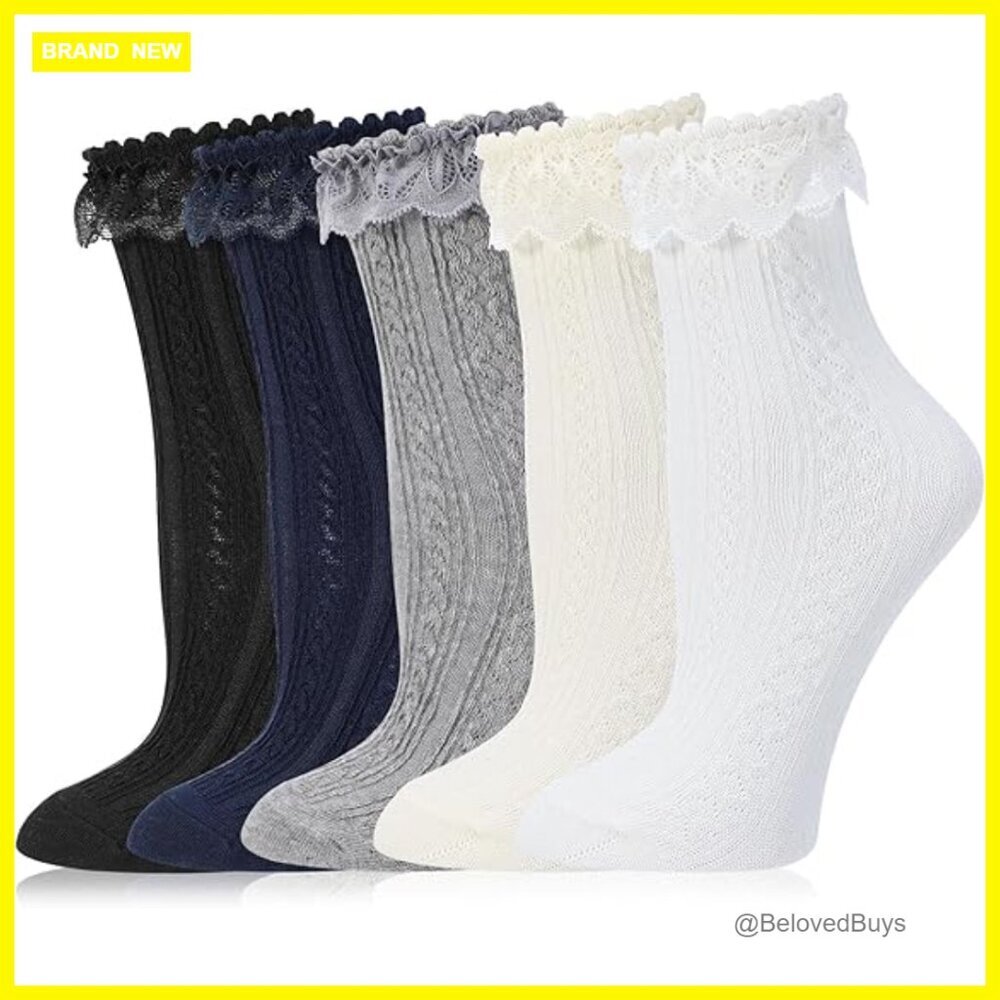 6 Pairs Cotton Lace Ruffle Crew Socks, Women's Ankle Dress Socks